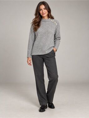 LOFT Gray Button Shoulder Mock Neck Tunic Sweater Women Medium